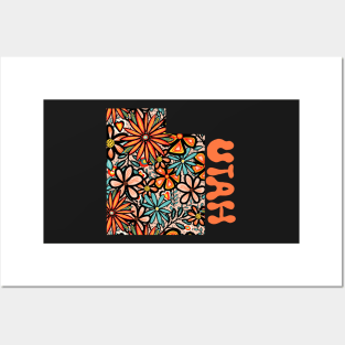 Utah State Design | Artist Designed Illustration Featuring Utah State Filled With Retro Flowers with Retro Hand-Lettering Posters and Art